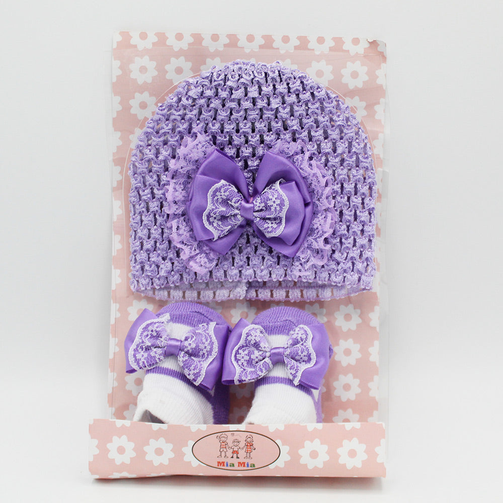 Imported Baby Girl Fancy Knitted Cap with Booties Pair Gift Set for 0-12 Months