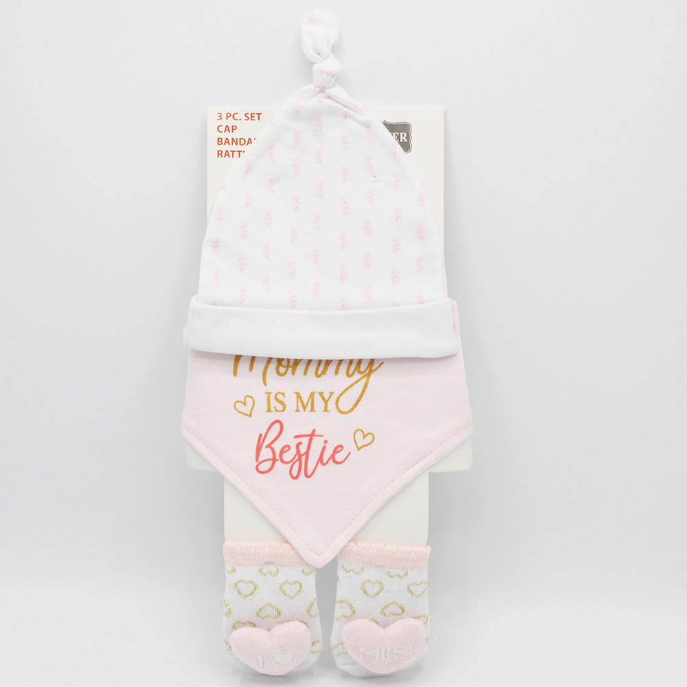 Imported 3 Pcs Baby Girl Knot Cap Bib and Socks Set for 0-6 Months