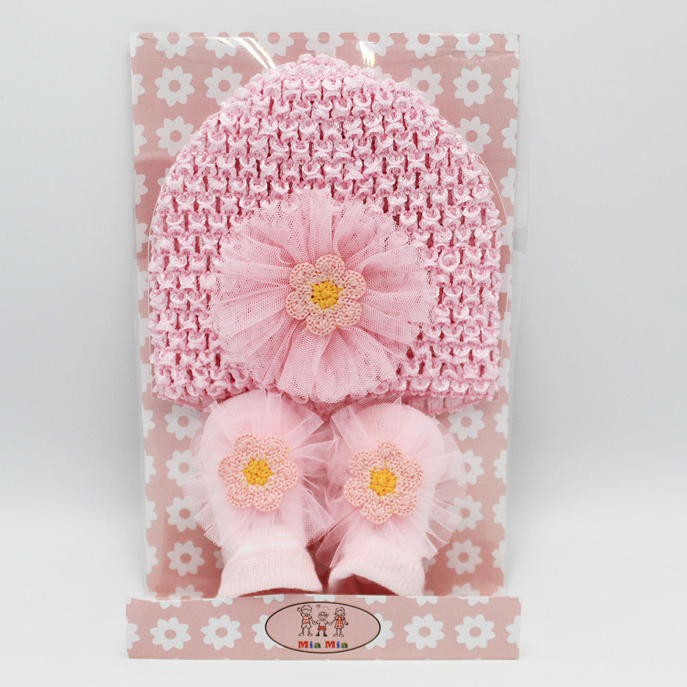 Imported Baby Girl Fancy Knitted Cap with Booties Pair Gift Set for 0-12 Months