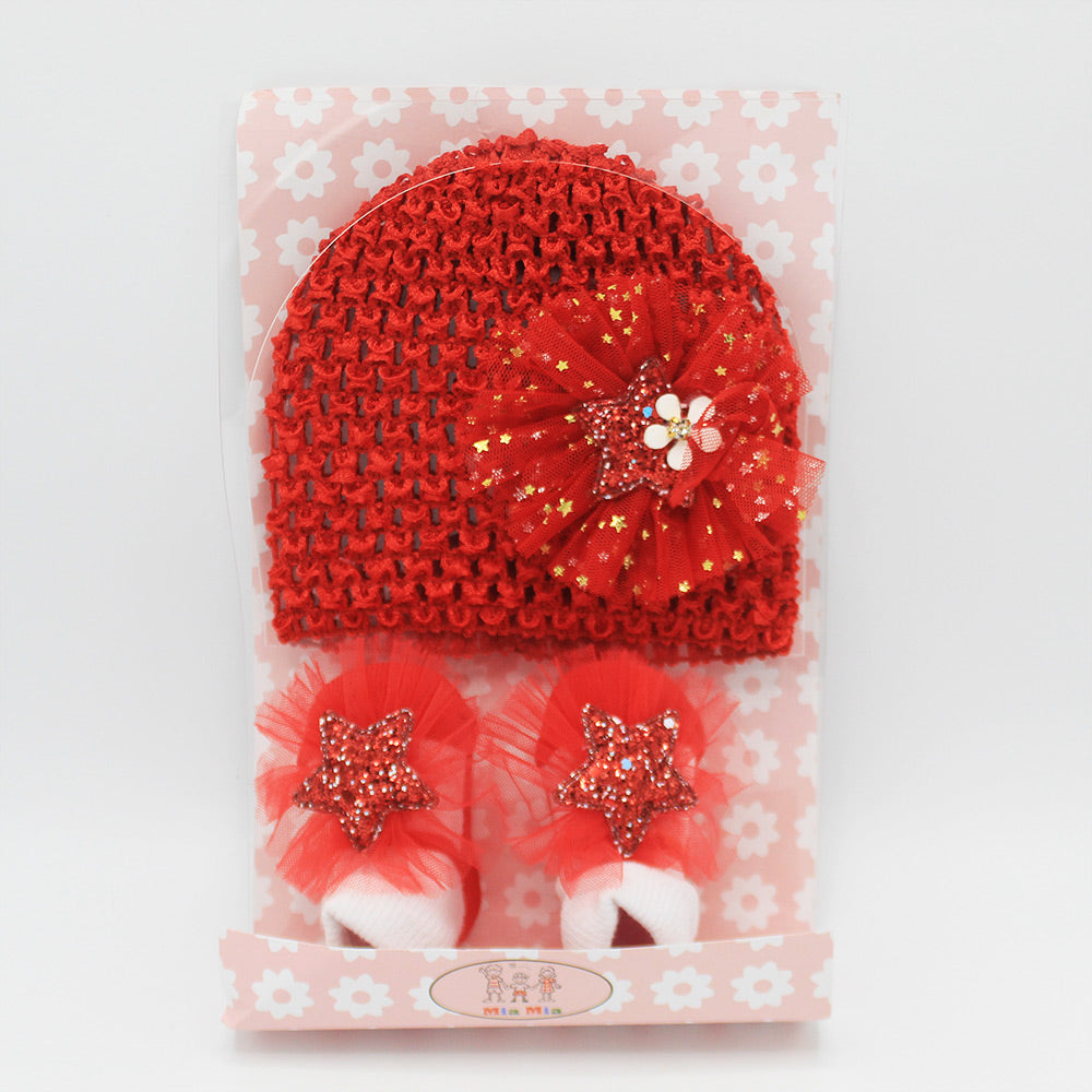 Imported Baby Girl Fancy Knitted Cap with Booties Pair Gift Set for 0-12 Months