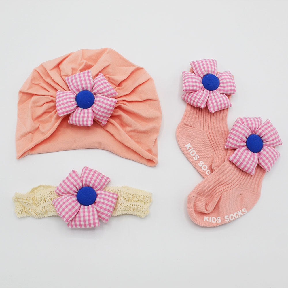 Imported Baby Girl Fur Ball Turban Cap Bow Hat Socks Headband Set for 4-18 Months