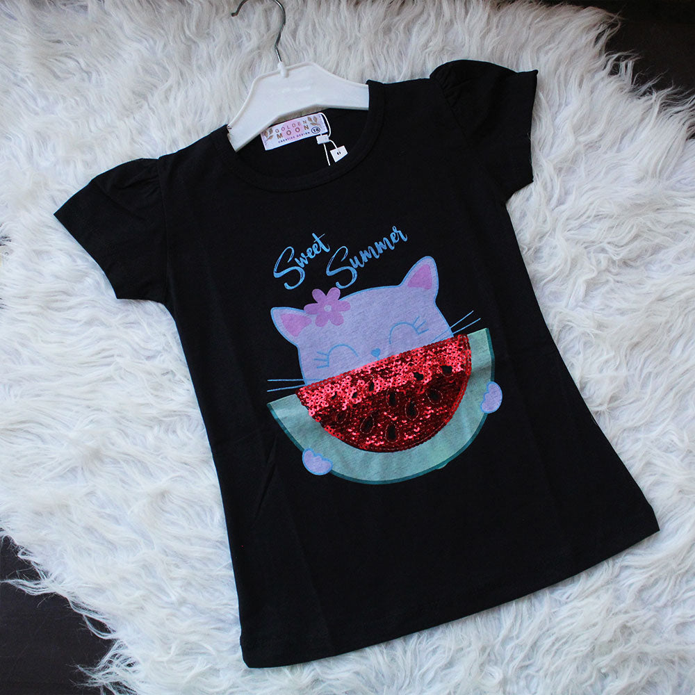 Baby Girl Cute Cat Watermelon Half Sleeve Pullover Shirt for 9 Months - 3 Years