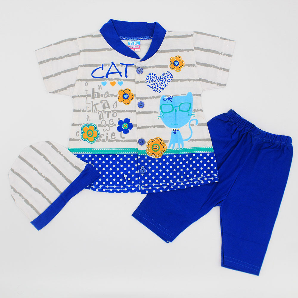 Newborn Baby Girl Cute Cat Half Sleeves Dress with Pajama and Cap for 0-3 Months