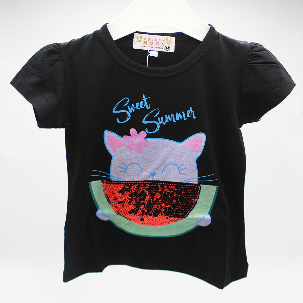 Baby Girl Cute Cat Watermelon Half Sleeve Pullover Shirt for 9 Months - 3 Years