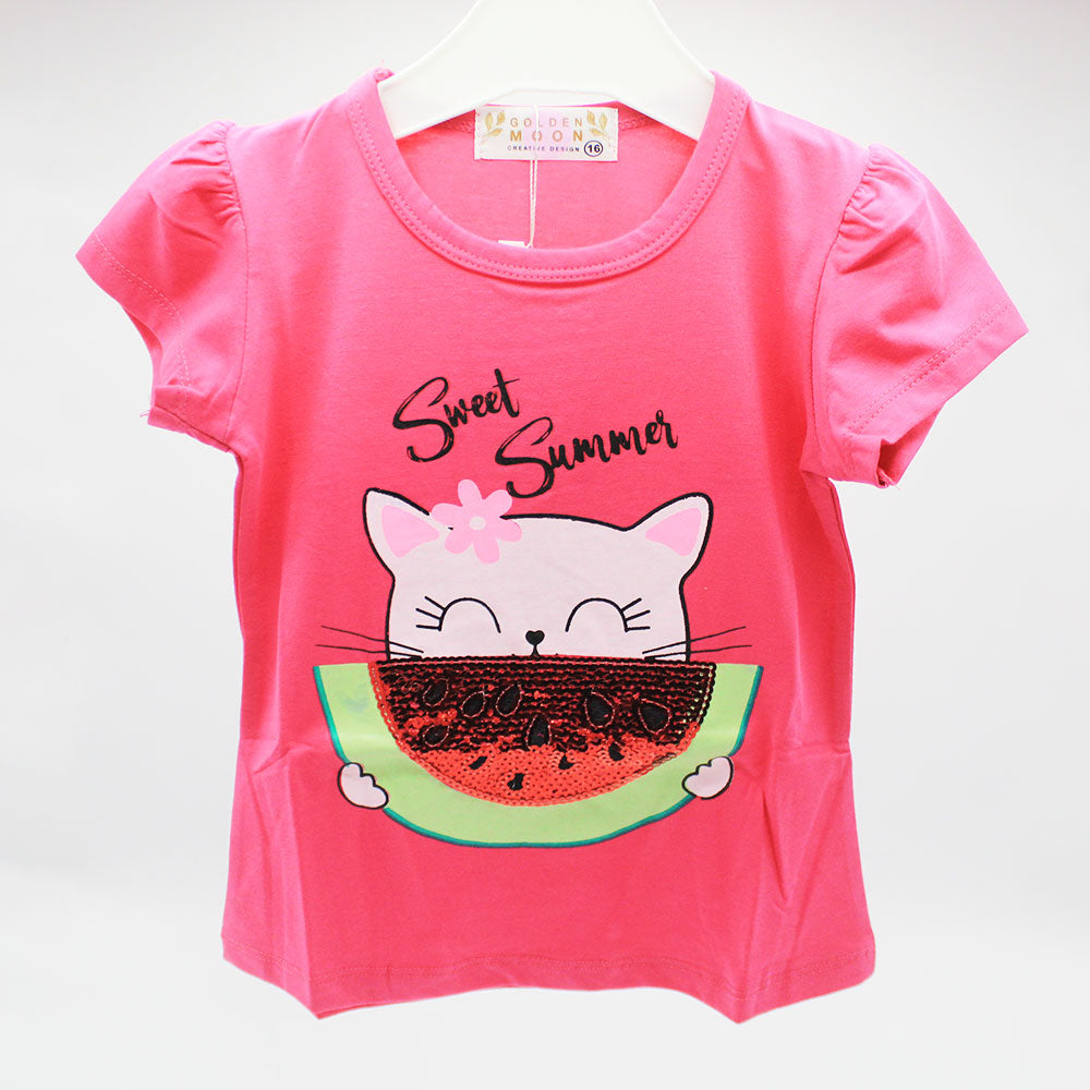 Baby Girl Cute Cat Watermelon Half Sleeve Pullover Shirt for 9 Months - 3 Years