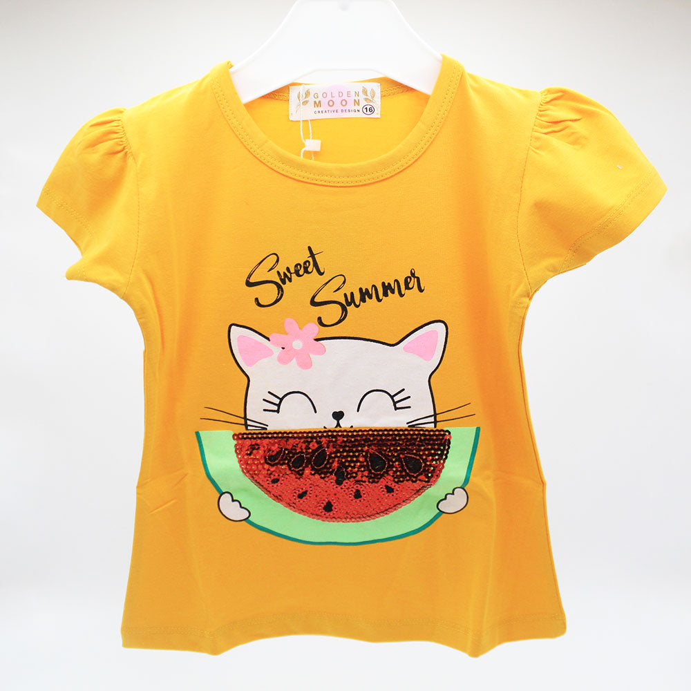 Baby Girl Cute Cat Watermelon Half Sleeve Pullover Shirt for 9 Months - 3 Years