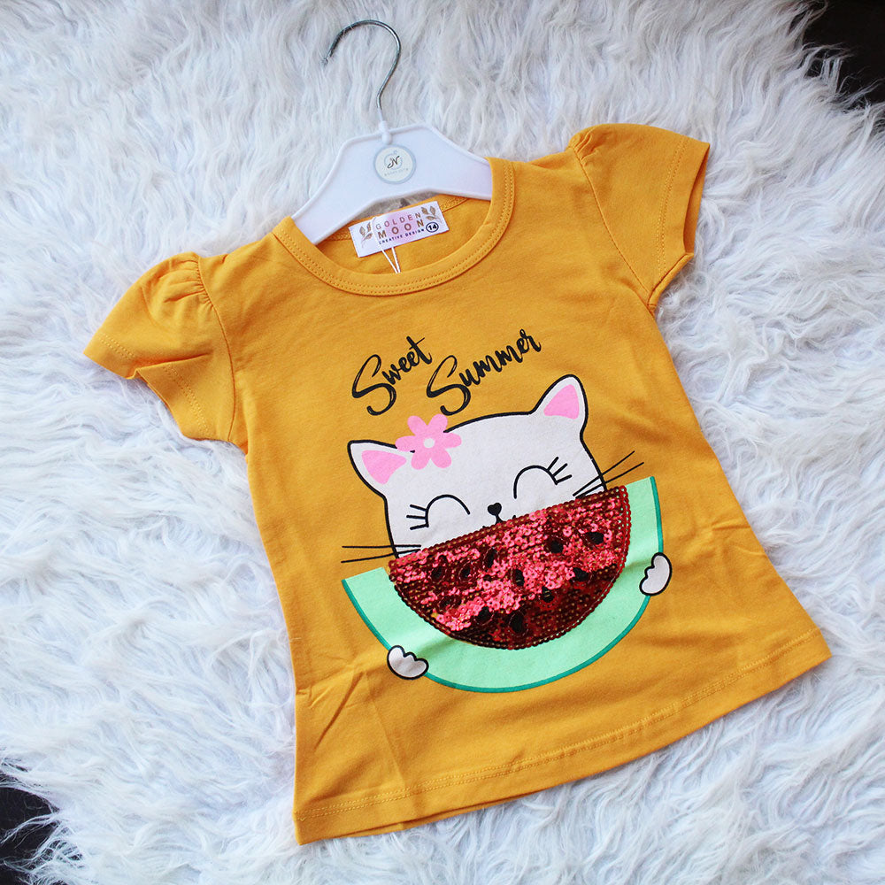 Baby Girl Cute Cat Watermelon Half Sleeve Pullover Shirt for 9 Months - 3 Years