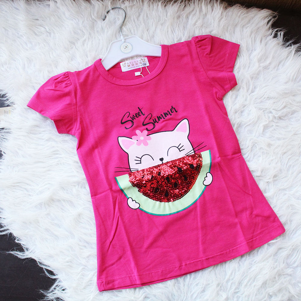 Baby Girl Cute Cat Watermelon Half Sleeve Pullover Shirt for 9 Months - 3 Years