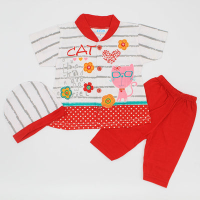Newborn Baby Girl Cute Cat Half Sleeves Dress with Pajama and Cap for 0-3 Months