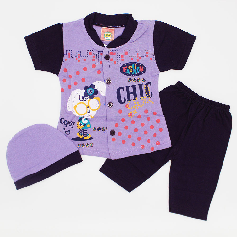 Newborn Baby Girl Chic Pretty Cat Half Sleeves Dress with Pajama and Cap for 0-3 Months