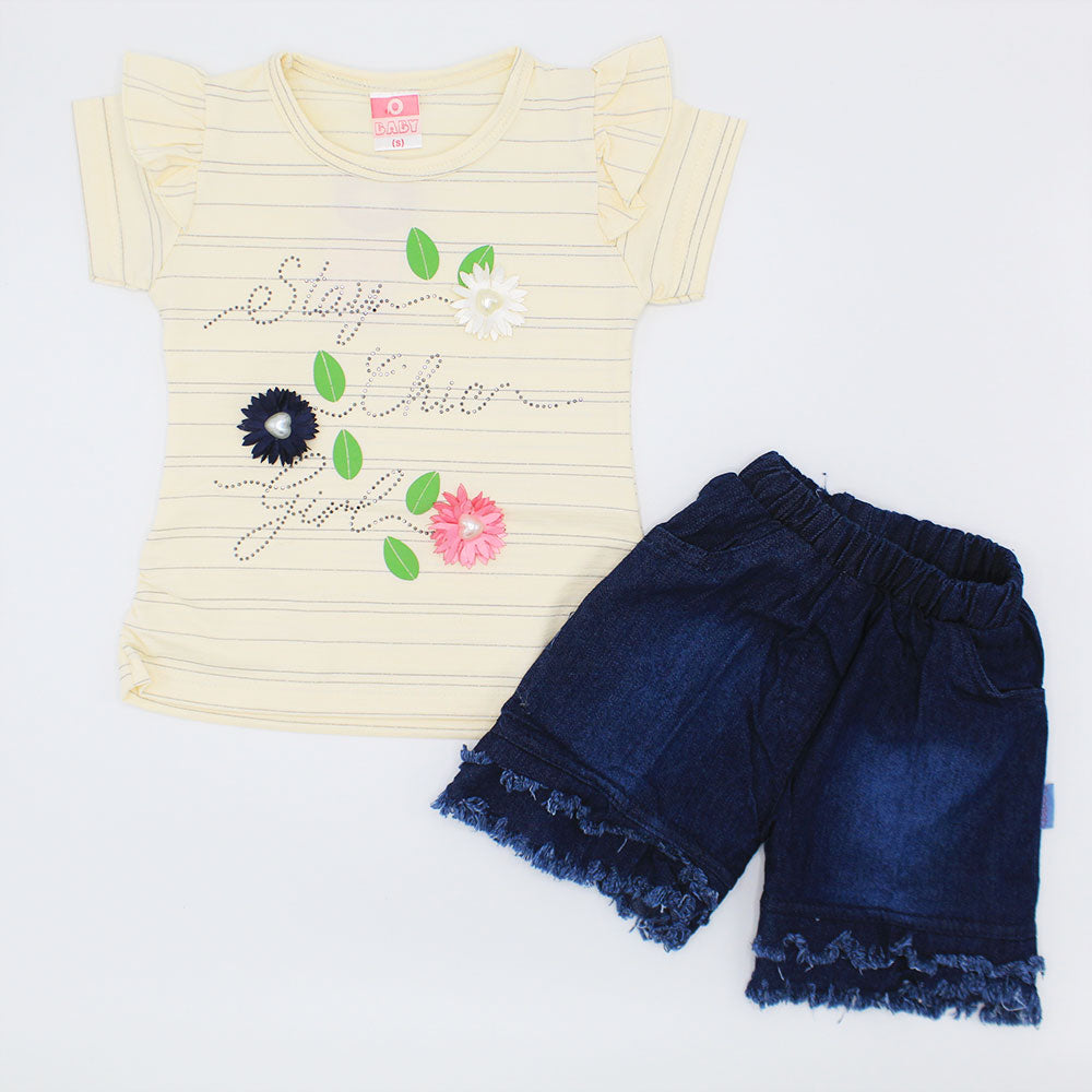 Girls Fancy Fly Sleeves Top Dress with Denim Style Shaggy Short Pant for 12 Months - 3 Years