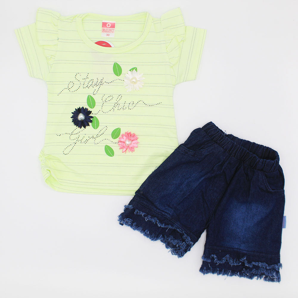 Girls Fancy Fly Sleeves Top Dress with Denim Style Shaggy Short Pant for 12 Months - 3 Years