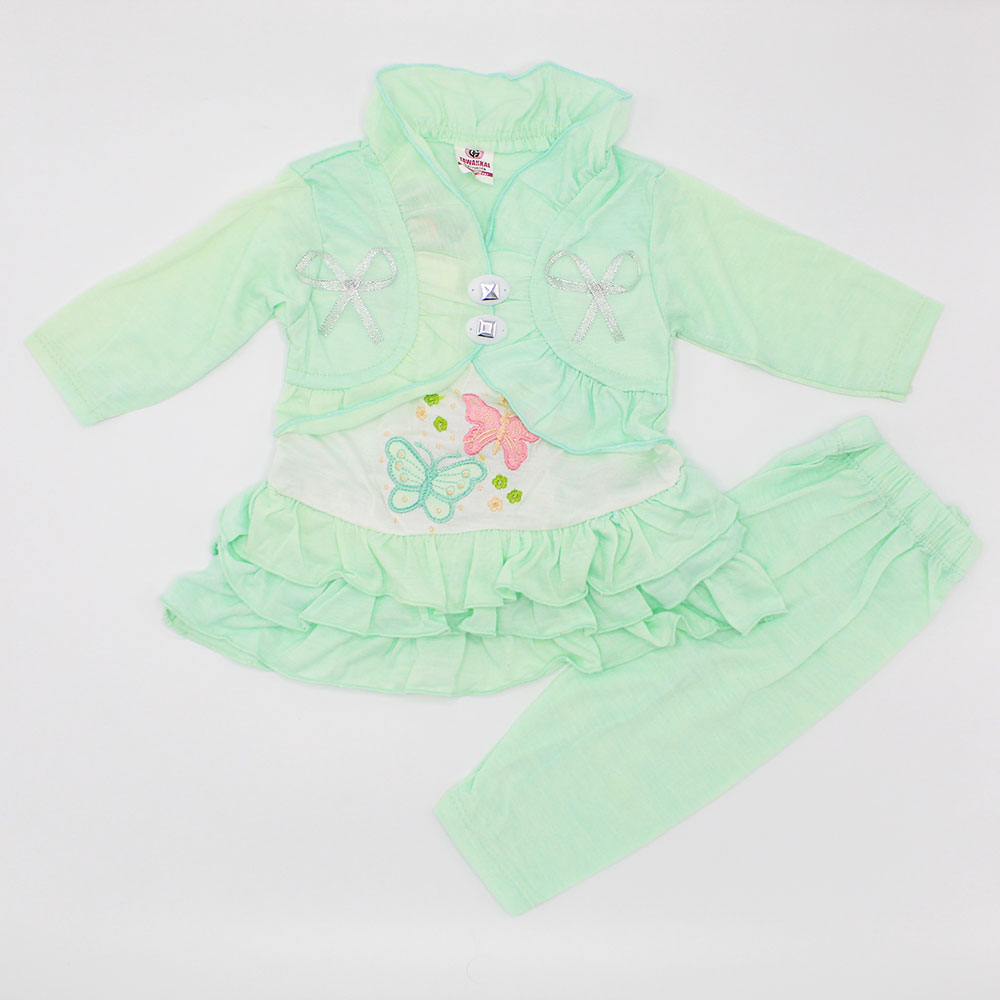Baby Girl Cute Collar Butterflies Full Sleeves 3 Layer Frill Frock Dress with Trouser Pants for 3-9 Months
