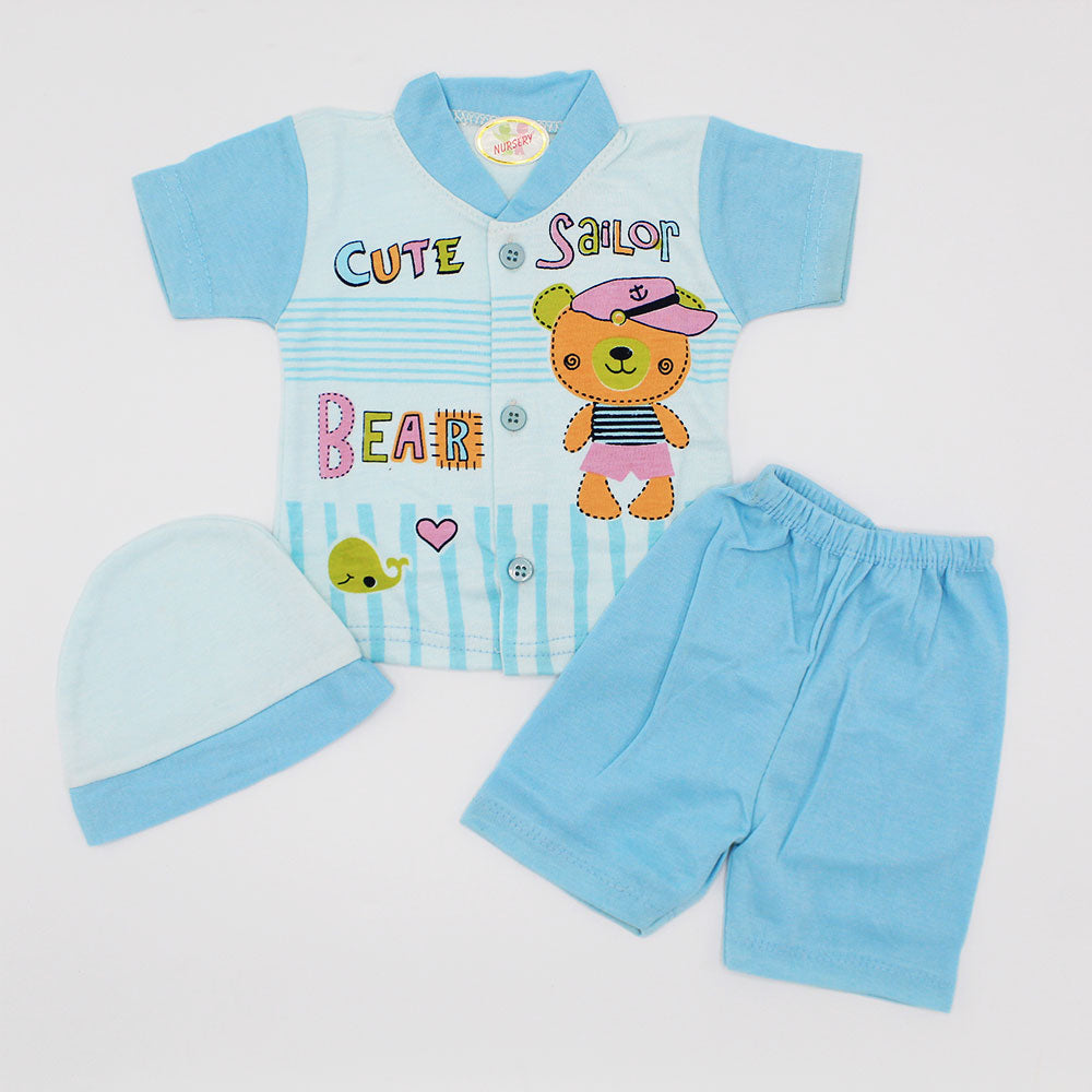 Newborn Baby Cute Bear Sailor Half Sleeves Dress with Shorts and Cap for 0-3 Months