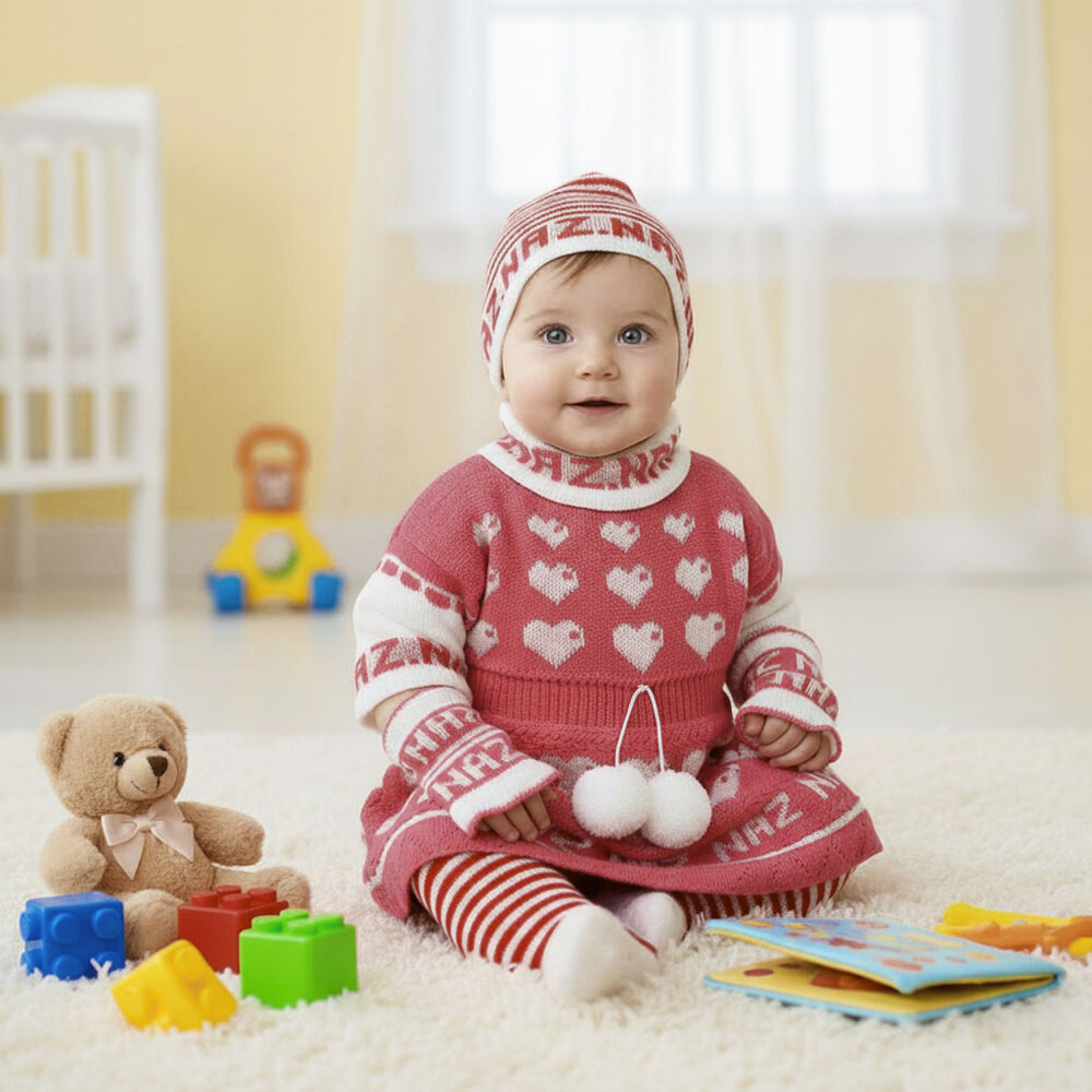 Baby Girl Winter Hearts Woolen Knitted Baby 4 Pcs Sweater Suit With Cap for 0-6 Months