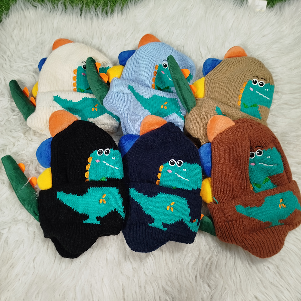 Imported Baby 3D Dino Winter Cap | Soft Woolen Hat for 0–3 Years