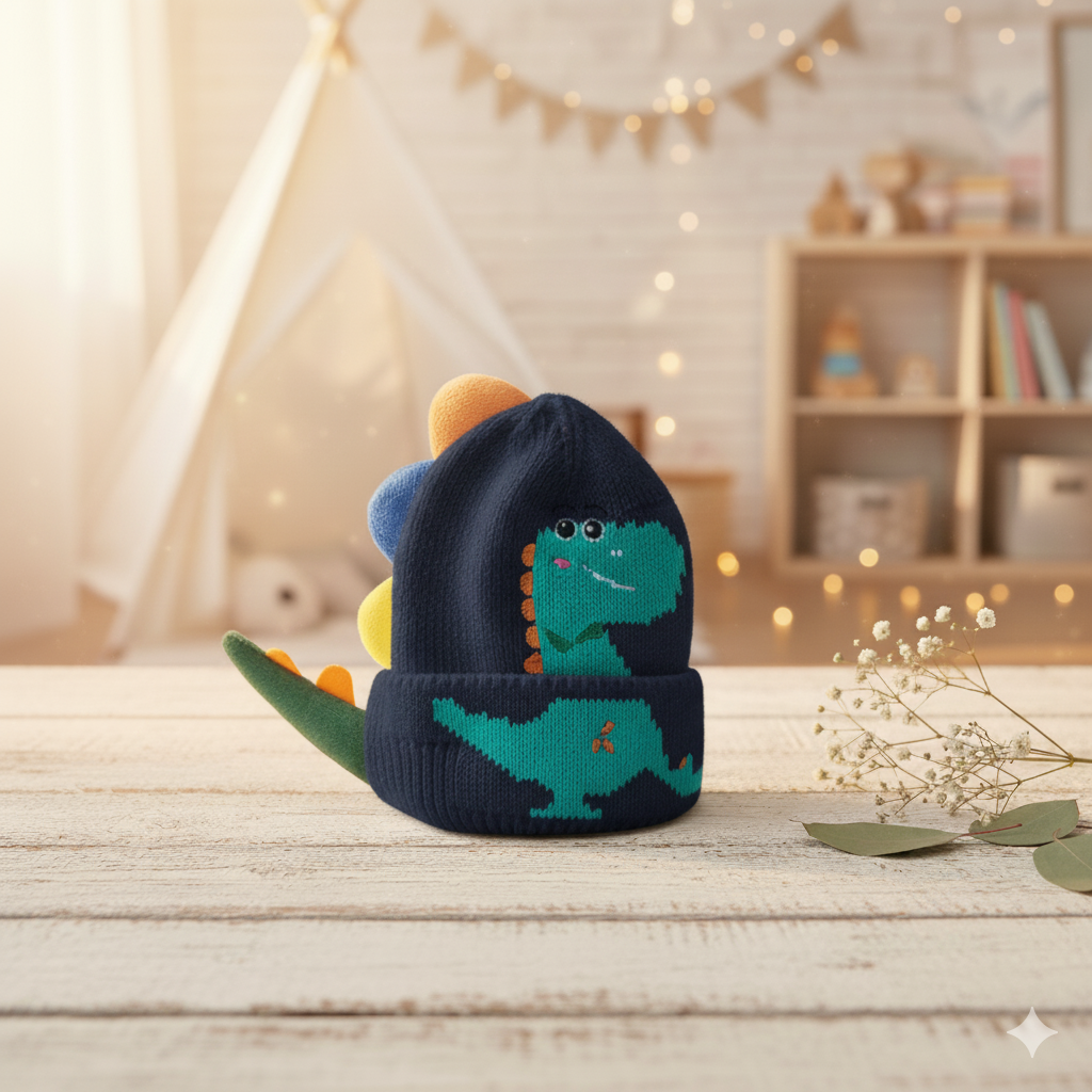 Imported Baby 3D Dino Winter Cap | Soft Woolen Hat for 0–3 Years
