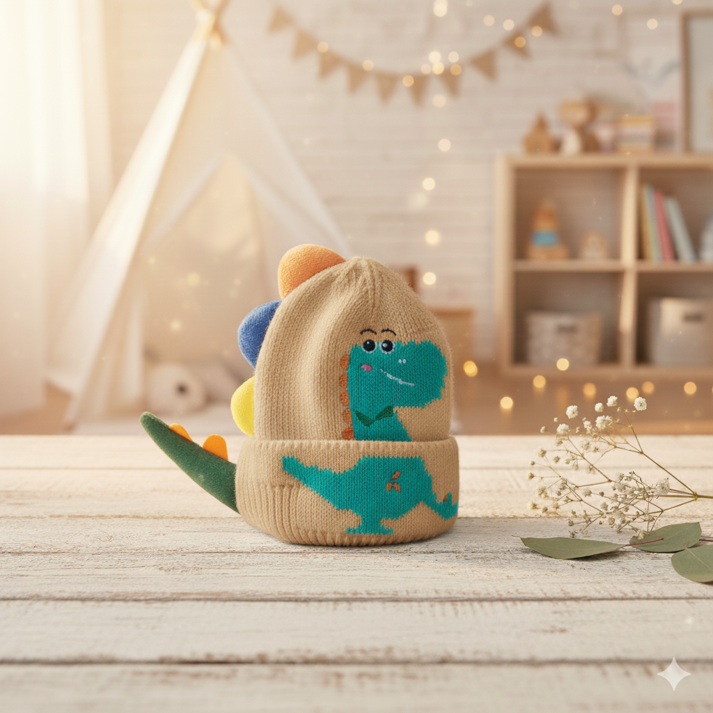 Imported Baby 3D Dino Winter Cap | Soft Woolen Hat for 0–3 Years
