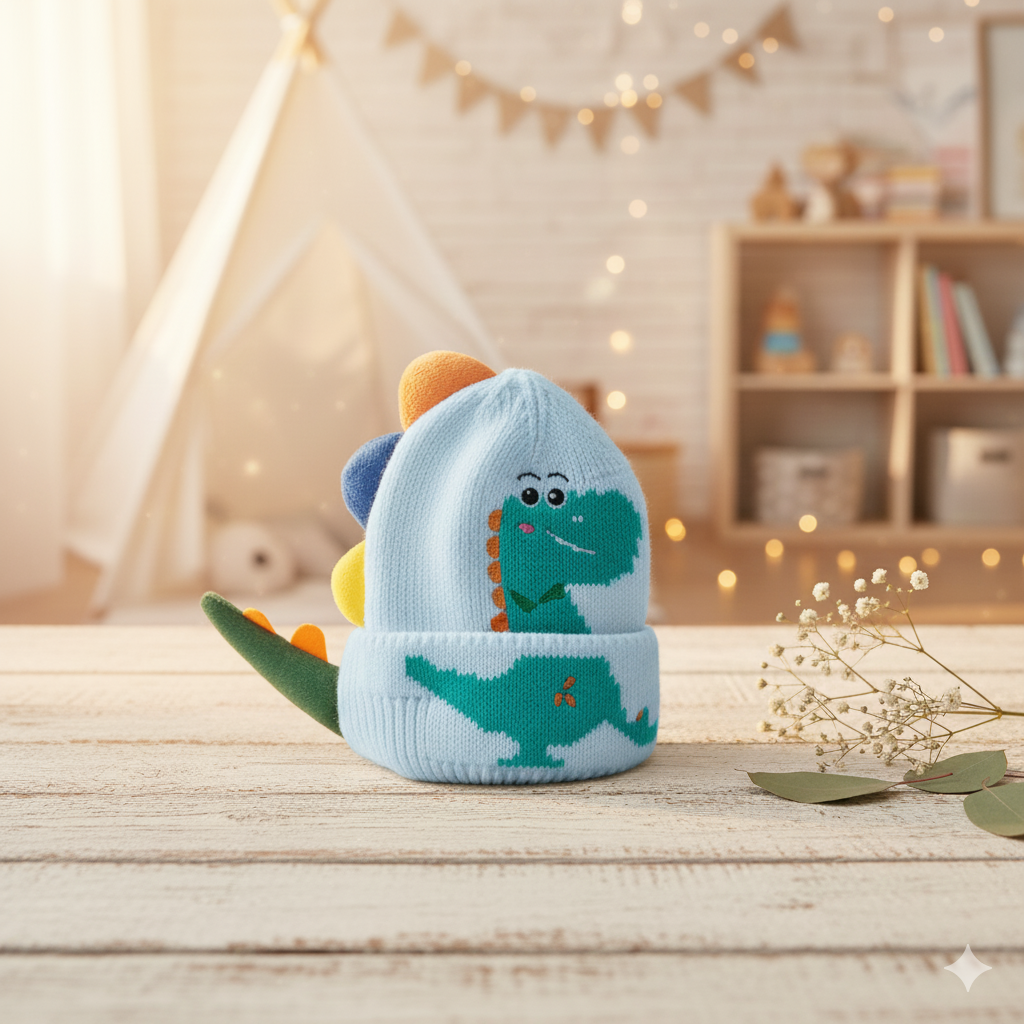 Imported Baby 3D Dino Winter Cap | Soft Woolen Hat for 0–3 Years