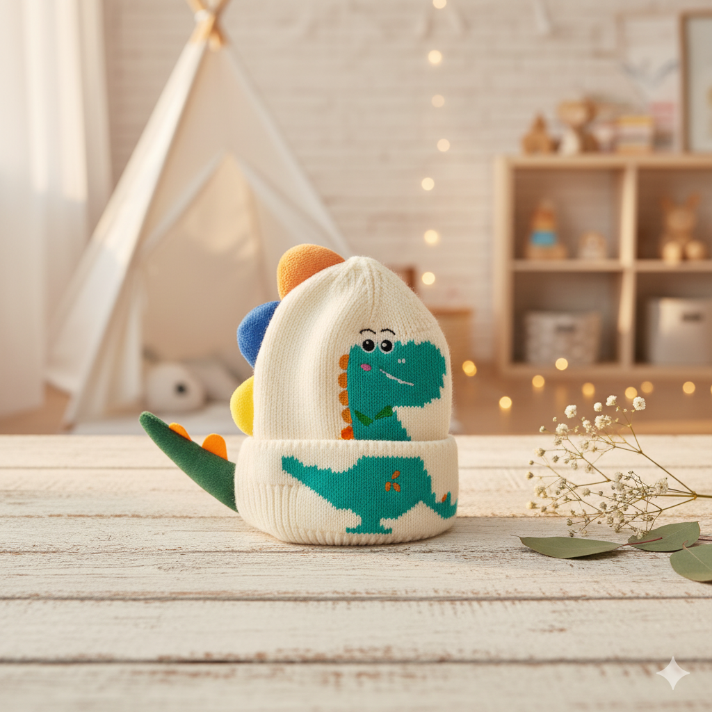 Imported Baby 3D Dino Winter Cap | Soft Woolen Hat for 0–3 Years