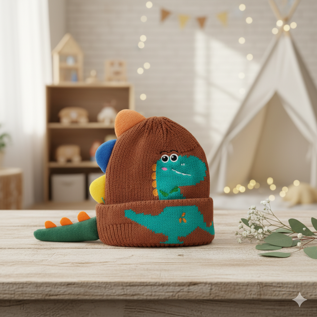 Imported Baby 3D Dino Winter Cap | Soft Woolen Hat for 0–3 Years