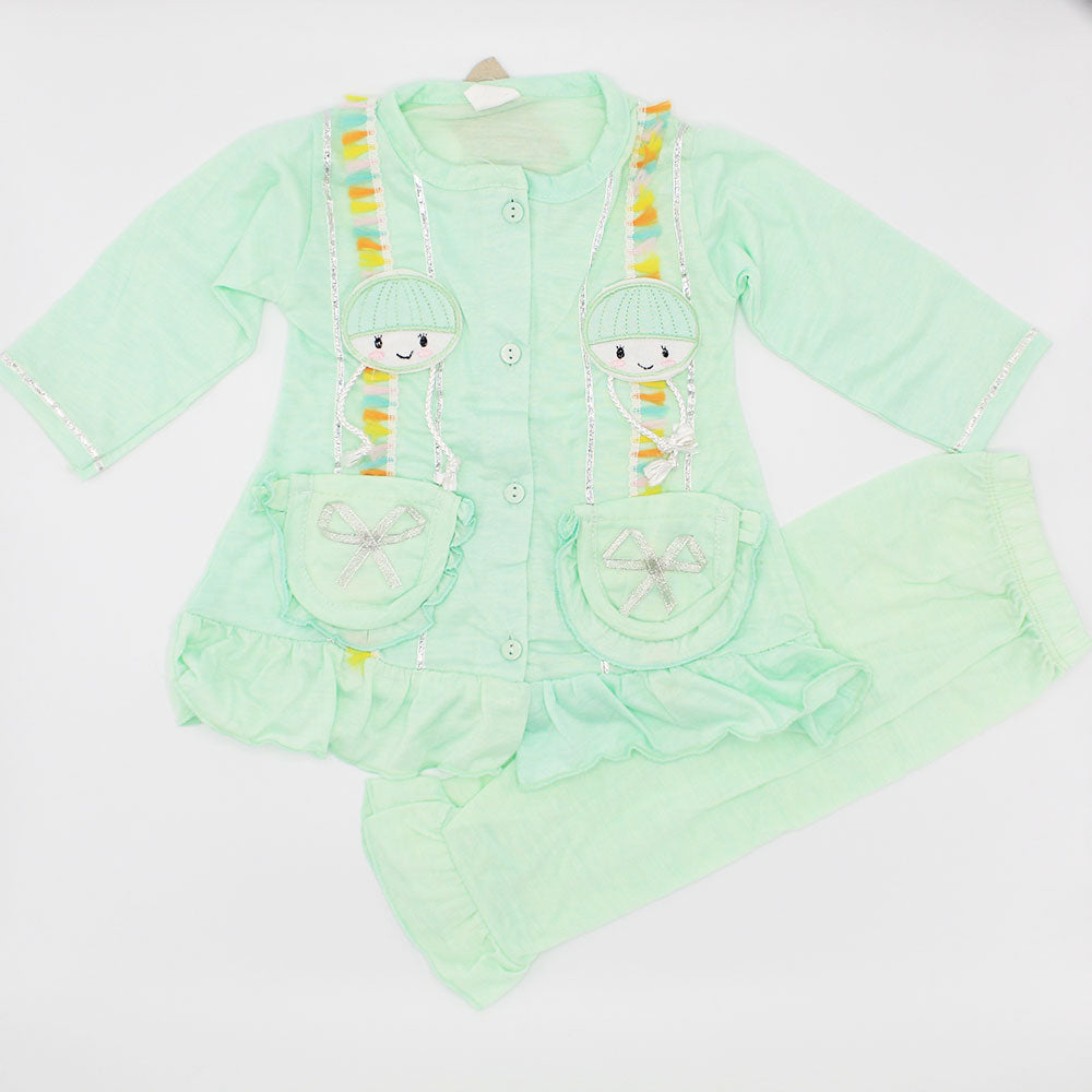 Girls 3D Doll Front Open Full Sleeves Frill Frock Dress with Trouser Pants for 12 Months - 3 Years