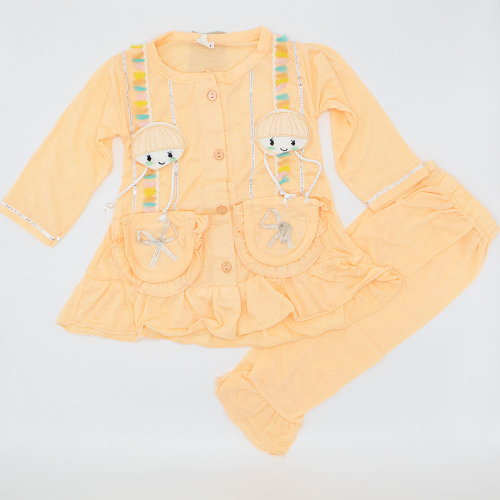 Girls 3D Doll Front Open Full Sleeves Frill Frock Dress with Trouser Pants for 12 Months - 3 Years