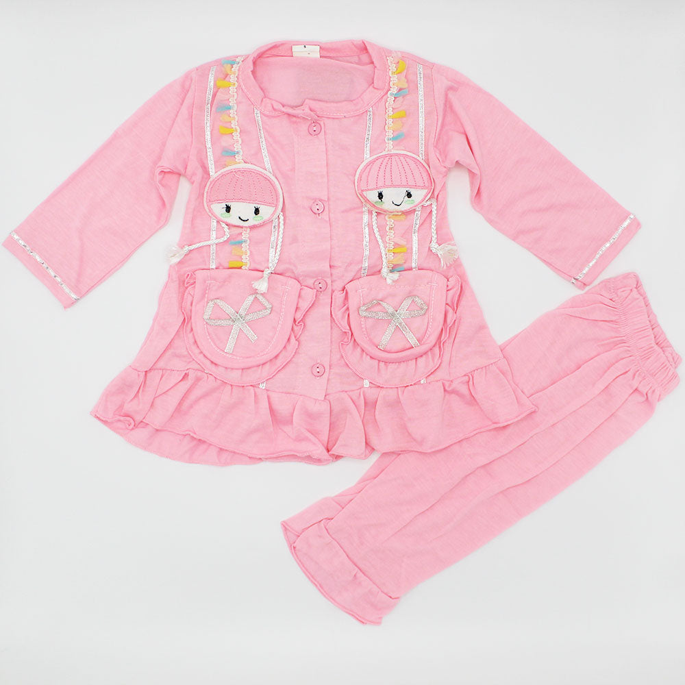 Girls 3D Doll Front Open Full Sleeves Frill Frock Dress with Trouser Pants for 12 Months - 3 Years