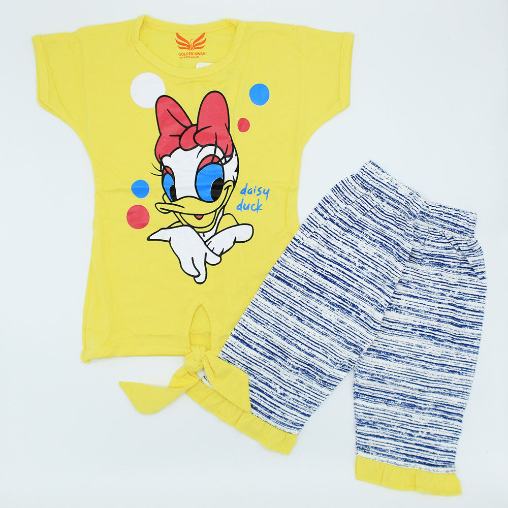 Baby Girl Donald Duck Knot Half Sleeves Dress with Frill Pants for 12 Months - 3 Years