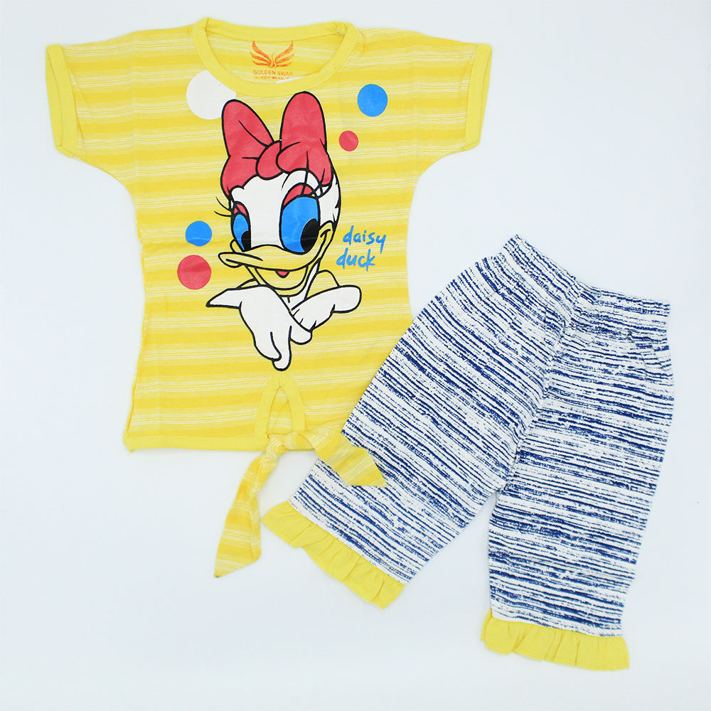 Baby Girl Donald Duck Knot Half Sleeves Dress with Frill Pants for 12 Months - 3 Years
