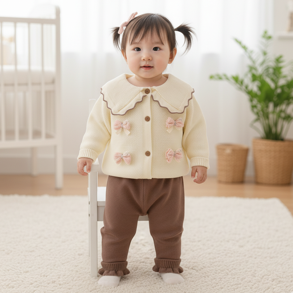 Imported Baby Girl Winter Rabbit Wool Dress with Stylish Collar Bows & Bell Bottom Flapper (3–18 Months)