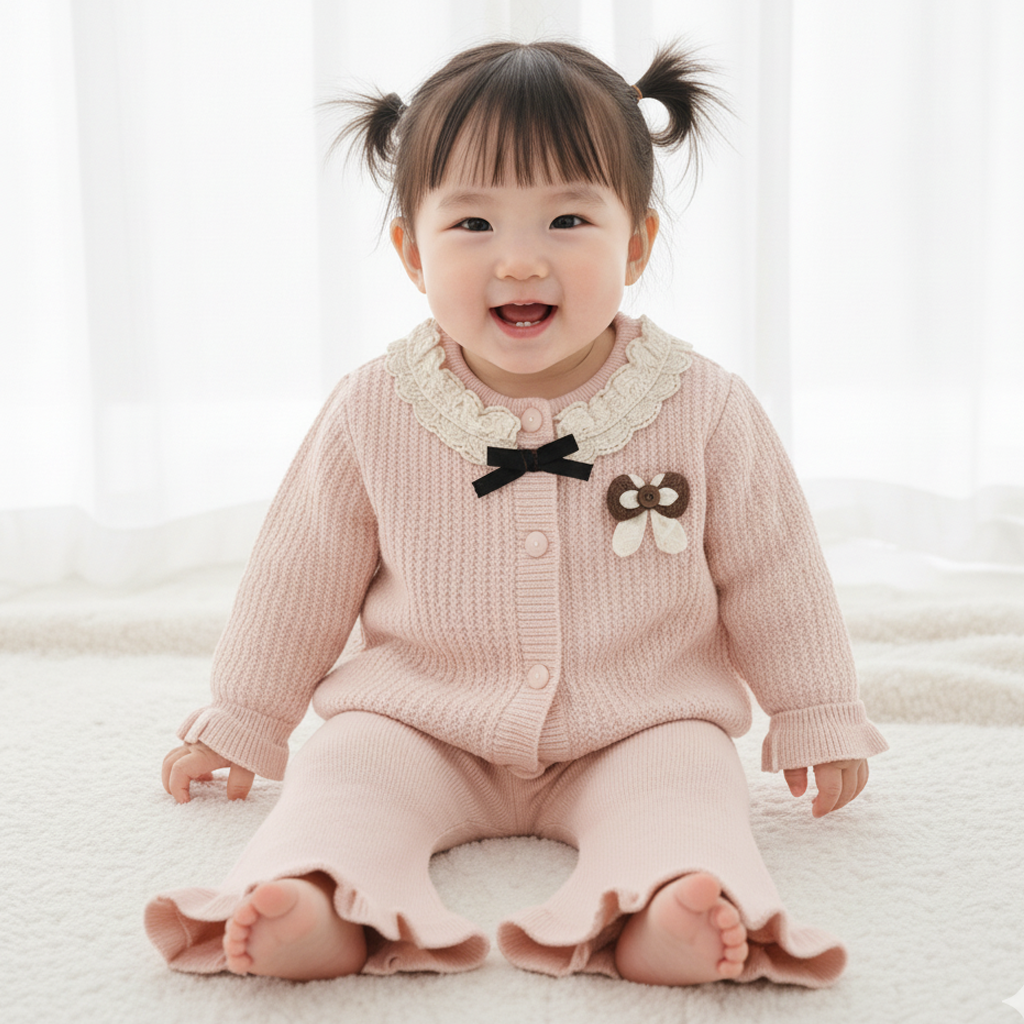 Imported Baby Girl Winter Rabbit Wool Dress with Stylish Net Collar & Bell Bottom Flapper (3–18 Months)
