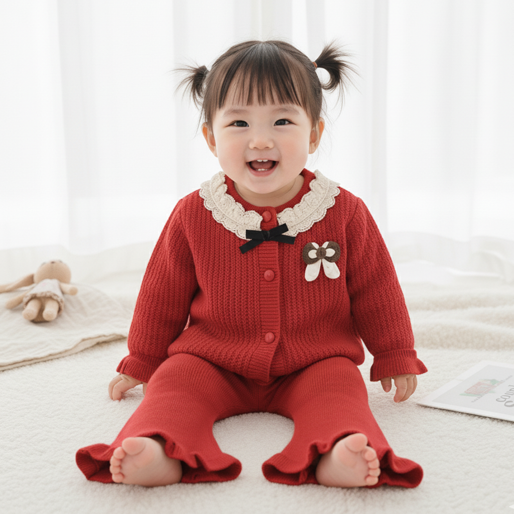 Imported Baby Girl Winter Rabbit Wool Dress with Stylish Net Collar & Bell Bottom Flapper (3–18 Months)