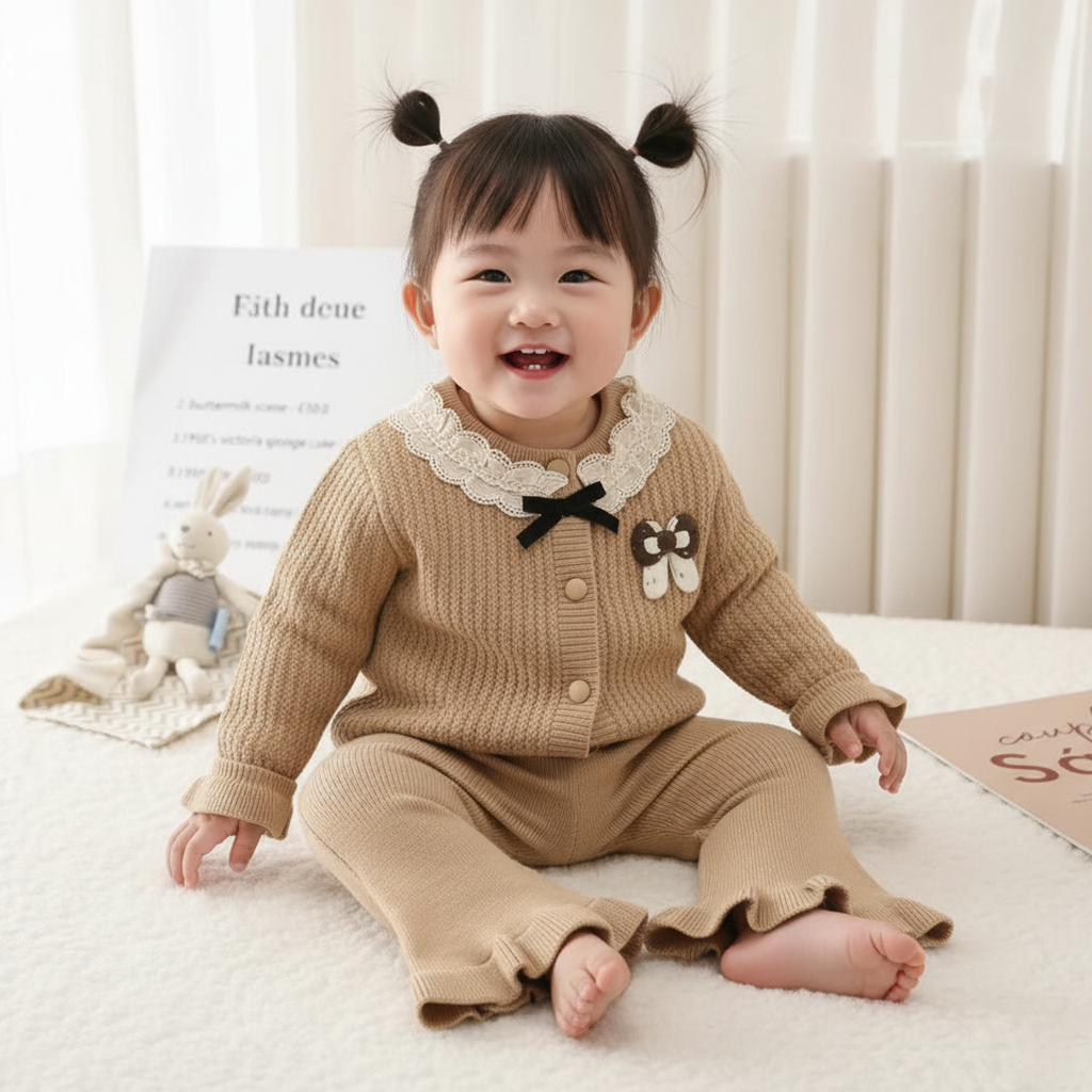 Imported Baby Girl Winter Rabbit Wool Dress with Stylish Net Collar & Bell Bottom Flapper (3–18 Months)