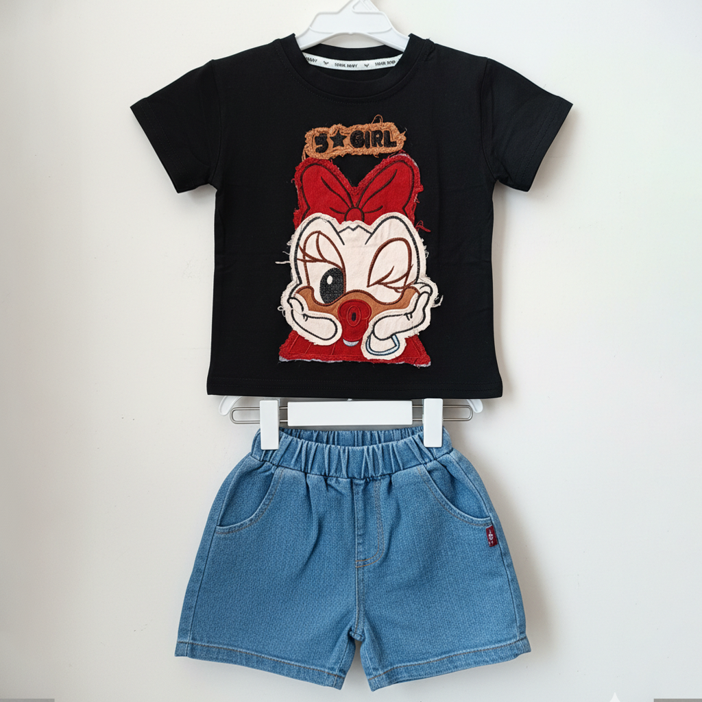 Baby Girl 3D Donald Duck Shirt with Denim Style Shorts (6 Months–4 Years)