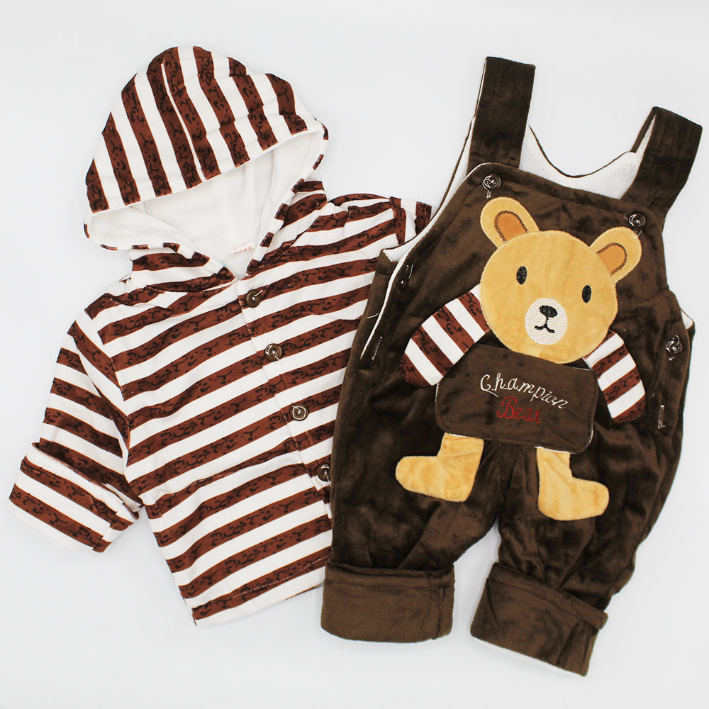 Baby Kids Imported Winter Velvet 3D Bear Character Hooded Dungaree Romper for 6 Months - 2.5 Years