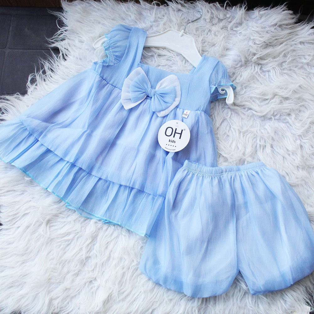 Imported Baby Girl Cute 3D Bow Fly Sleeves Frock Dress with Elastic Nekker Shorts for 3-18 Months