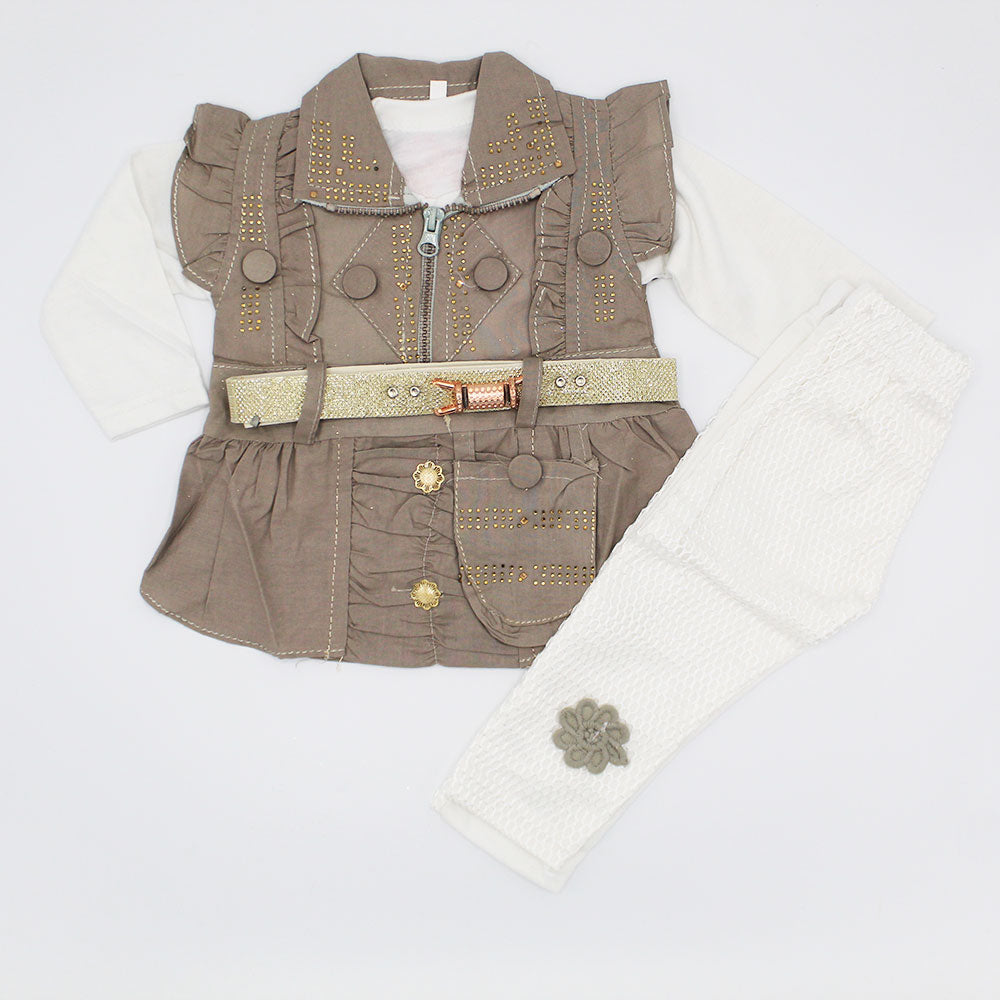 Baby Girl Fancy 3 Pcs Full Sleeves Dress with Sleeveless Collar Coat with Trouser Pants for 3-9 Months
