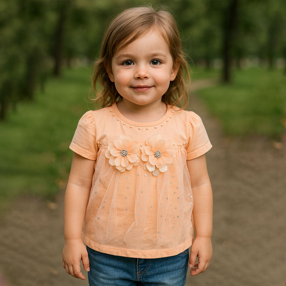 Baby Girl Cute Net Flower Fancy Frock Half Sleeve Pullover Shirt for 12 Months- 4 Years