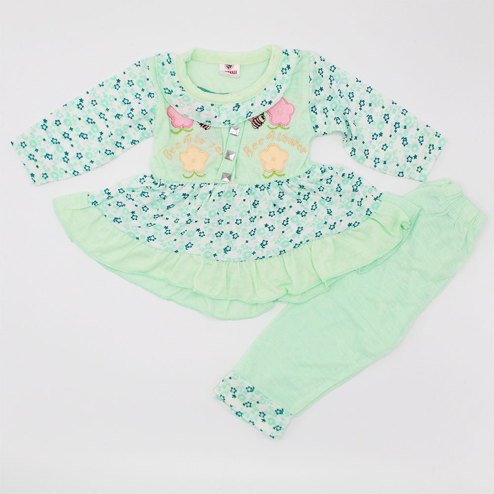 Baby Girl Embroidered Floral Full Sleeves Frill Frock Dress with Trouser Pants for 0-8 Months