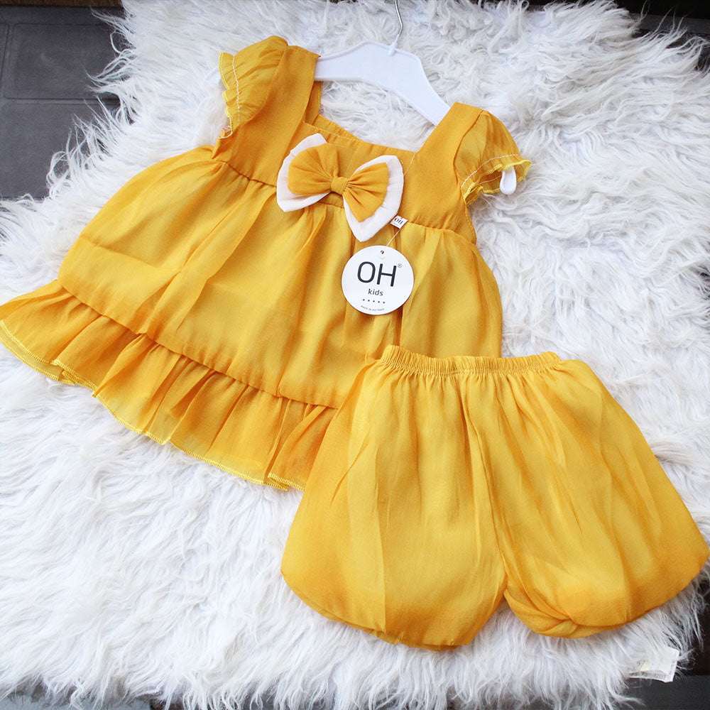 Imported Baby Girl Cute 3D Bow Fly Sleeves Frock Dress with Elastic Nekker Shorts for 3-18 Months