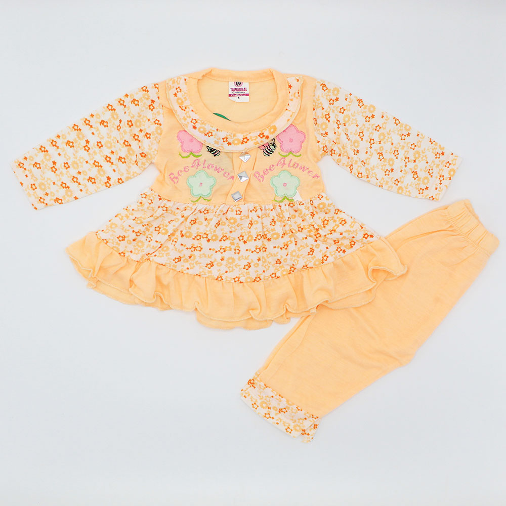 Baby Girl Embroidered Floral Full Sleeves Frill Frock Dress with Trouser Pants for 0-8 Months