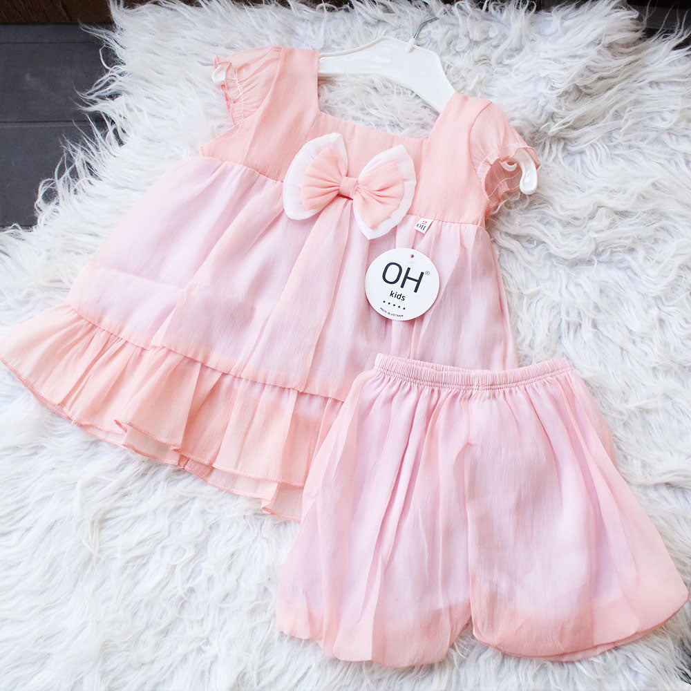 Imported Baby Girl Cute 3D Bow Fly Sleeves Frock Dress with Elastic Nekker Shorts for 3-18 Months