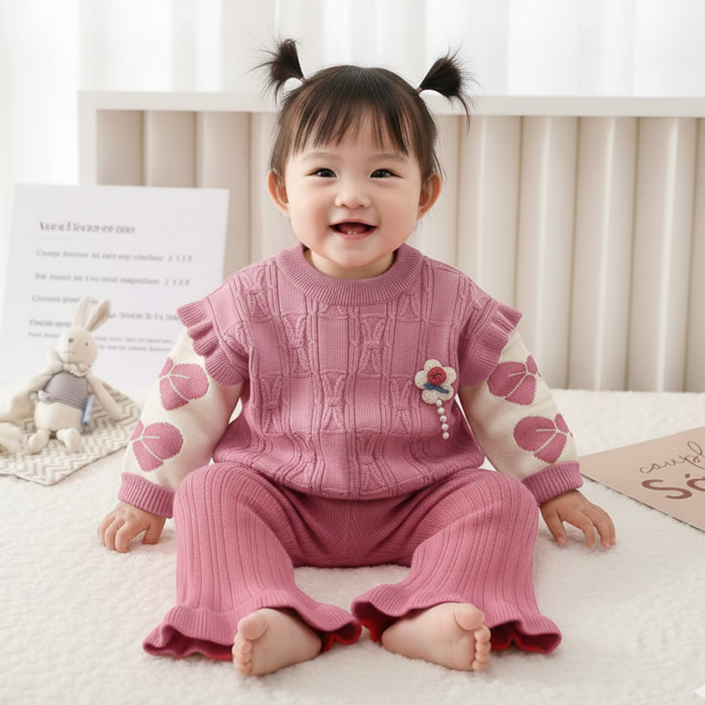 Imported Baby Girl Stylish Winter Rabbit Wool Dress with Bell Bottom Flapper | Warm Cute Outfit (6–24 Months)