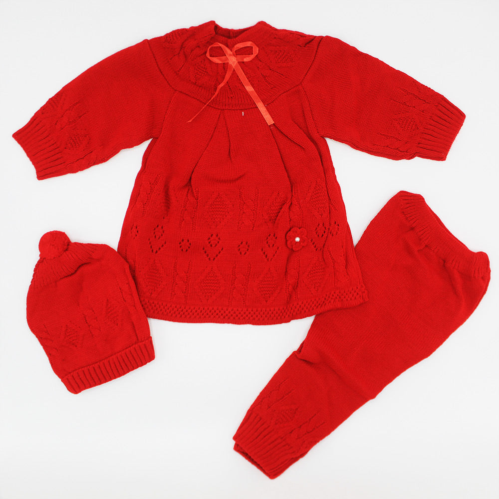 Imported Newborn Baby Girl Winter Woolen Knitted Baby Frock Style Sweater Suit With Cap for 0-9 Months