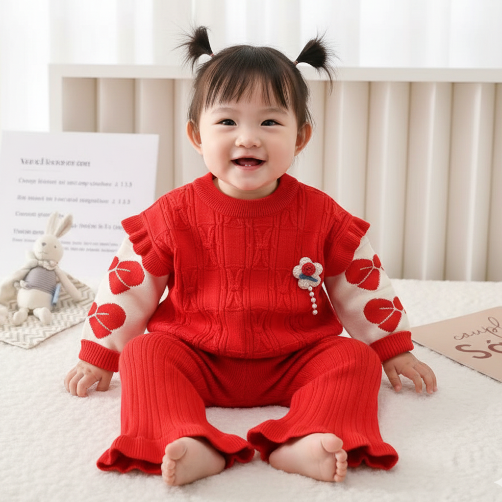 Imported Baby Girl Stylish Winter Rabbit Wool Dress with Bell Bottom Flapper | Warm Cute Outfit (6–24 Months)