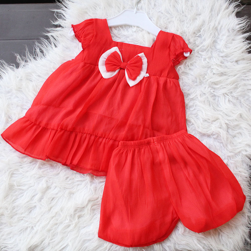 Imported Baby Girl Cute 3D Bow Fly Sleeves Frock Dress with Elastic Nekker Shorts for 3-18 Months