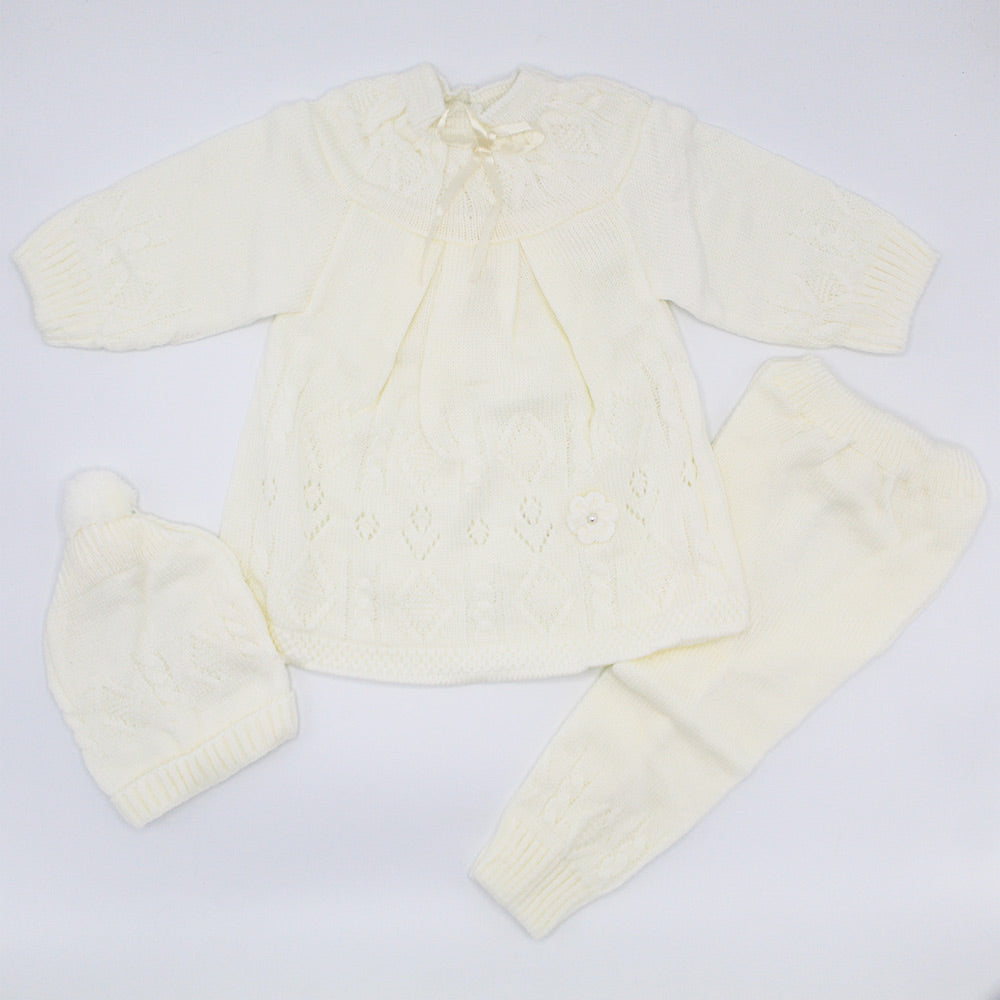 Imported Newborn Baby Girl Winter Woolen Knitted Baby Frock Style Sweater Suit With Cap for 0-9 Months