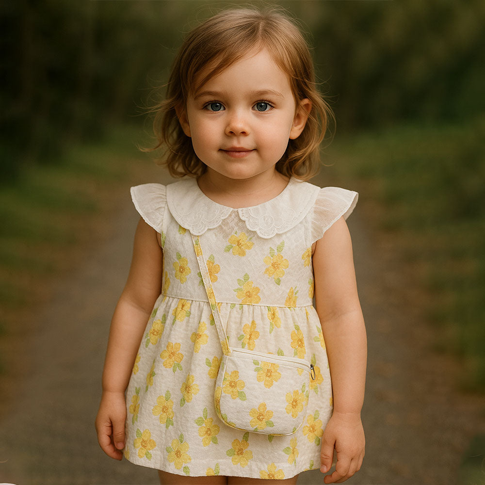 Imported Girls White Floral Fly Sleeveless Frock Shirt with Hanging Purse for 12 Months - 5 Years