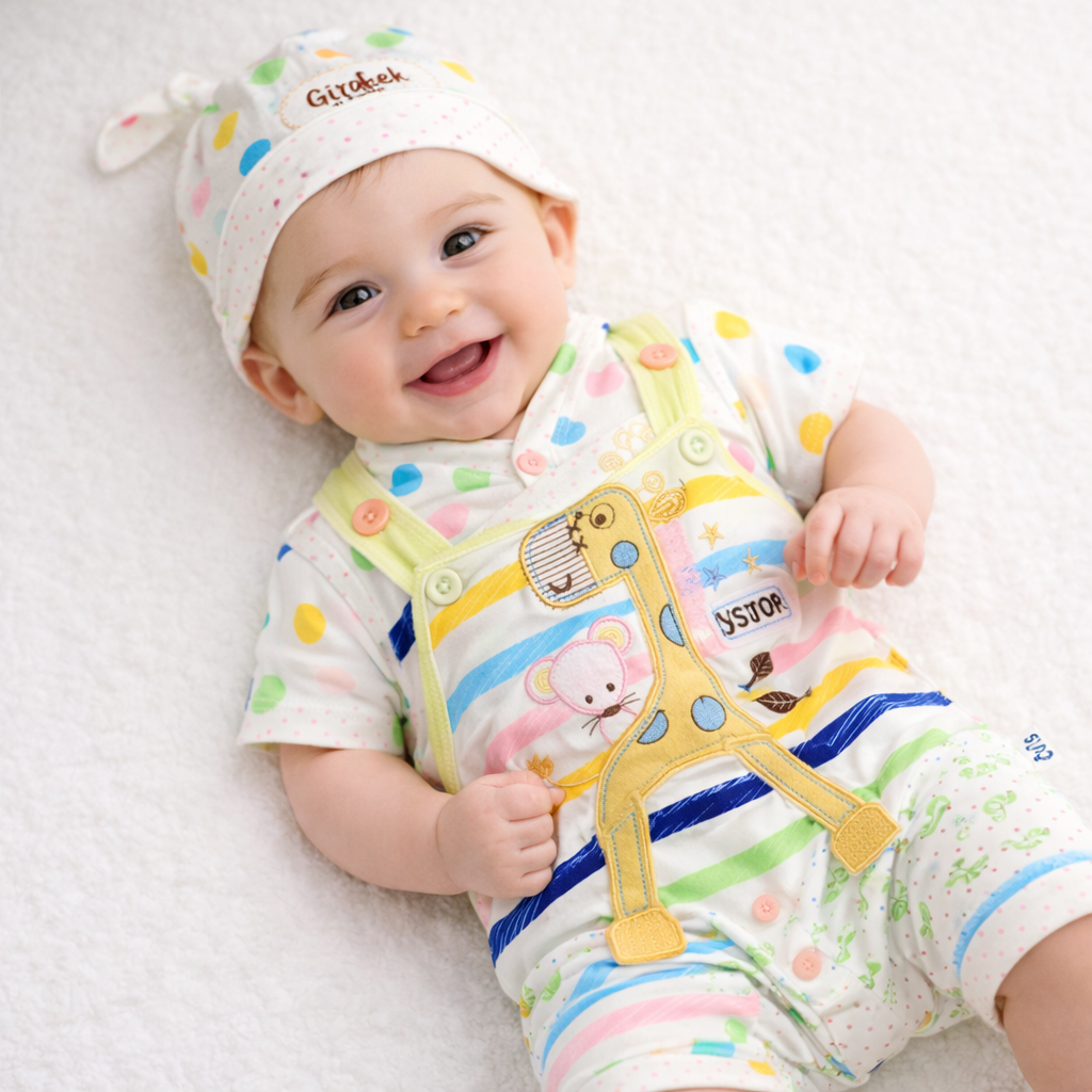 Baby Giraffe Dungaree Romper Set (0–3 Months)